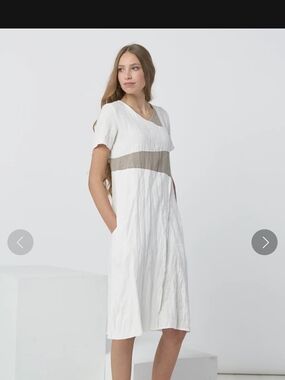Baltic Linen Women's White V-Neck Linen Dress with Taupe Waistband